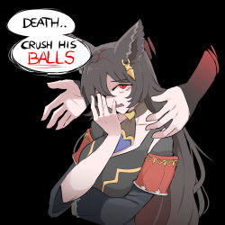 Rule 34 | 1girl, angry, animal ears, bags under eyes, black dress, black hair, collar, commentary, death (granblue fantasy), detached sleeves, disembodied hand, dress, earrings, empty eyes, english commentary, english text, erune, granblue fantasy, granblue fantasy versus: rising, hair between eyes, hair over one eye, hand on own face, highres, jewelry, long sleeves, mata (matasoup), meme, nier (granblue fantasy), parted lips, red eyes, single earring, solo, speech bubble, wide sleeves