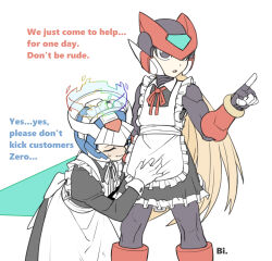 Rule 34 | 2boys, android, artist name, bi 51334, blonde hair, commentary, crossdressing, cyber elf x (mega man), english commentary, english text, helmet, highres, holding, holding sword, holding weapon, long hair, maid, male focus, mega man (series), mega man zero (series), multiple boys, sweatdrop, sword, weapon, x (mega man), z saber, zero(z) (mega man), zero (code geass), zero (mega man)