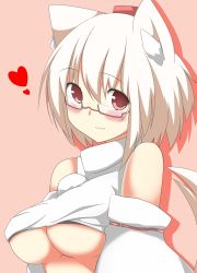 Rule 34 | 1girl, animal ears, bare shoulders, bespectacled, blush, breasts, clothes lift, detached sleeves, female focus, glasses, hat, heart, highres, inubashiri momiji, large breasts, looking at viewer, midriff, mii (makosuke), no bra, pink background, pink eyes, shirt, shirt lift, short hair, silver hair, simple background, smile, solo, tail, tokin hat, touhou, underboob, upper body, wolf ears, wolf tail