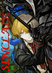 Rule 34 | 1boy, axe, black gloves, black jacket, blonde hair, closed mouth, collared shirt, gloves, highres, jacket, limbus company, long sleeves, looking at viewer, male focus, necktie, nishikujic, project moon, red necktie, shirt, sinclair (project moon), snake, solo, tree, upper body, white shirt, yellow eyes