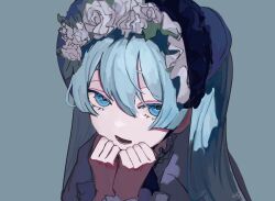 Rule 34 | 1girl, alternate costume, aqua hair, blue eyes, blue hat, bonnet, clenched hands, commentary, double-parted bangs, flower, grey background, hair between eyes, hand on own face, hands up, hat, hatsune miku, head wreath, highres, long hair, looking at viewer, lower teeth only, miku day, open mouth, own hands together, signature, simple background, smile, solo, teeth, twintails, uki bukuro, upper body, very long hair, vocaloid, white flower