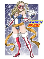 Rule 34 | 1girl, american flag, american flag print, ball, blonde hair, blue leotard, boots, breasts, brown eyes, character name, cleavage cutout, closed mouth, clothing cutout, commentary, cosplay, covered navel, domino mask, earrings, elbow gloves, electricity, flag print, full body, girls und panzer, gloves, hair pulled back, hairband, high heel boots, high heels, highleg, highleg leotard, holding, holding ball, jewelry, kamen america, kamen america (comic), kamen america (cosplay), leotard, long hair, looking at viewer, mask, medium breasts, orange sash, outside border, ponytail, print footwear, print gloves, print leotard, sasaki akebi, sleeveless leotard, smile, solo, standing, takahashi kurage, thigh boots, volleyball (object), white hairband