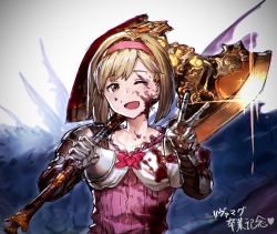 Rule 34 | 10s, 1girl, ;d, axe, battle axe, benitama, blonde hair, blood, blood on face, blood on clothes, bloody weapon, blush, bow, brown eyes, collarbone, djeeta (granblue fantasy), dress, fighter (granblue fantasy), gauntlets, granblue fantasy, hairband, hammer, heart, leviathan (granblue fantasy), looking at viewer, one eye closed, open mouth, over shoulder, pink bow, pink dress, short hair, shoulder pads, smile, solo, sparkle, upper body, v, weapon, weapon over shoulder