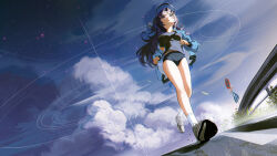 Rule 34 | 1girl, absurdres, black halo, black shirt, blue archive, blue buruma, blue eyes, blue sky, breasts, buruma, cloud, cloudy sky, crosswalk sign, flower, full body, gym shirt, gym uniform, halo, highres, jacket, leg up, light blue jacket, long hair, long sleeves, looking ahead, mechanical halo, medium breasts, midriff peek, official alternate costume, open clothes, outdoors, parted lips, road, road sign, running, sa si qierde, shirt, shoes, short sleeves, sign, single off shoulder, sky, socks, solo, star (sky), starry sky, stop sign, teeth, track jacket, two side up, upper teeth only, weeds, white flower, white socks, yuuka (blue archive), yuuka (track) (blue archive)