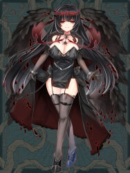 Rule 34 | 1girl, black capelet, black dress, black footwear, black hair, black wings, breasts, brown eyes, capelet, cleavage, copyright request, crossed legs, dress, elbow gloves, feathered wings, garter straps, gloves, grey gloves, grey thighhighs, highres, large breasts, long hair, looking at viewer, shikito (yawa0w0), shoes, smile, solo, standing, strapless, strapless dress, thighhighs, very long hair, wings