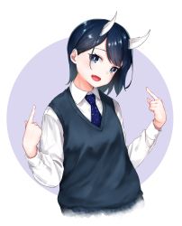 Rule 34 | 1girl, absurdres, aoki ruri, black eyes, black hair, black sweater, blue necktie, breasts, bright pupils, collared shirt, fang, highres, horns, long sleeves, looking at viewer, m.tokotsu, necktie, open mouth, pointing, pointing at self, ruri dragon, shirt, short hair, small breasts, smile, solo, sweater, sweater vest, upper body, white pupils, white shirt