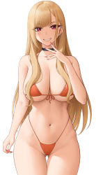 Rule 34 | 1girl, absurdres, arm at side, bare shoulders, bikini, black choker, blonde hair, blush, breasts, choker, cleavage, collarbone, colored eyelashes, cowboy shot, curvy, ear piercing, earrings, finger to mouth, fingernails, gluteal fold, grin, groin, hand up, highleg, highres, jewelry, kitagawa marin, large breasts, legs together, long fingernails, long hair, looking at viewer, multiple earrings, nail polish, orange bikini, piercing, pink lips, pink nails, red eyes, sidelocks, simple background, smile, solo, sono bisque doll wa koi wo suru, standing, straight hair, swimsuit, thigh gap, thighs, very long hair, white background, zaphn