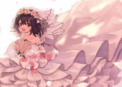 Rule 34 | 10s, 1girl, :d, bare shoulders, bouquet, bridal veil, bride, brown hair, collarbone, dress, elbow gloves, flower, frilled dress, frills, gloves, haguro (kancolle), hair flower, hair ornament, hairclip, holding, kantai collection, long dress, looking at viewer, open mouth, petals, pink flower, pink rose, purple eyes, red ribbon, ribbon, rose, see-through, short hair, shugao, simple background, smile, solo, veil, wedding dress, white background, white gloves