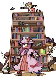 Rule 34 | &gt;:o, +++, 4girls, :d, :o, ^ ^, apron, armband, bat wings, blonde hair, book, book stack, bookshelf, bow, braid, capelet, closed eyes, crescent, dress, dress shirt, drooling, embodiment of scarlet devil, epurasu, female focus, flandre scarlet, grin, hair bow, hair ribbon, hat, hat bow, head wings, hiding, highres, holding, holding book, juliet sleeves, kirisame marisa, koakuma, long hair, long sleeves, low-tied long hair, mob cap, multiple girls, musical note, open mouth, paper airplane, patchouli knowledge, puffy sleeves, purple hair, red hair, ribbon, shirt, shoes, short hair, side braid, side ponytail, simple background, single braid, sitting, skirt, skirt set, sleeping, smile, standing, striped clothes, striped dress, touhou, tress ribbon, v-shaped eyebrows, vertical stripes, vest, waist apron, white background, wings, witch, witch hat, zzz