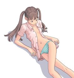 Rule 34 | 1girl, bad id, bad pixiv id, bottomless, brown eyes, brown hair, flash tomo, long legs, lying, navel, no pants, on back, on side, open clothes, open shirt, panties, ponytail, shirt, skinny, solo, striped clothes, striped panties, twintails, underwear
