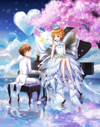 Rule 34 | 1boy, 1girl, :d, absurdres, ahoge, blue sky, brown eyes, brown hair, cardcaptor sakura, cherry blossoms, cloud, crown, day, dress, eye contact, flower, gloves, green eyes, heart, heart-shaped cloud, heavenlove, highres, instrument, kinomoto sakura, li xiaolang, looking at another, md5 mismatch, music, open mouth, outdoors, pants, piano, pink flower, playing instrument, reflecting pool, reflection, reflective water, resolution mismatch, short hair with long locks, sidelocks, sitting, sitting on piano, sky, sleeveless, sleeveless dress, smile, source smaller, spiked hair, star (symbol), star print, tree, tuxedo, water, white dress, white gloves, white pants