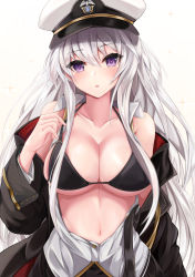 Rule 34 | 1girl, absurdres, azur lane, bare shoulders, belt, black bra, black coat, black skirt, bra, breasts, buttons, cleavage, coat, collarbone, dress shirt, enterprise (azur lane), halterneck, hand up, hat, highres, large breasts, long hair, long sleeves, looking at viewer, military, military uniform, navel, off shoulder, open clothes, open coat, open shirt, parted lips, partially unbuttoned, peaked cap, purple eyes, ryara, shirt, silver hair, simple background, skirt, sleeveless, sleeveless shirt, solo, strap pull, underwear, uniform, upper body, white background, white hat, white shirt