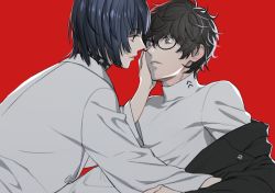 Rule 34 | 10s, 1boy, 1girl, amamiya ren, black hair, blue hair, choker, collar, glasses, lab coat, looking at another, minato (robin), persona, persona 5, red background, short hair, simple background, takemi tae, upper body