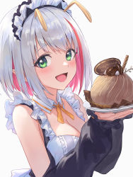 1girl :d antennae bare_shoulders breasts colored_inner_hair commentary english_commentary food food_request frills green_eyes guchico happy_birthday highres holding holding_food indie_virtual_youtuber large_breasts looking_at_viewer maid_headdress mitsuzaki_aya_(character) multicolored_hair open_mouth pink_hair plate pointy_ears short_hair silver_hair smile solo streaked_hair two-tone_hair virtual_youtuber