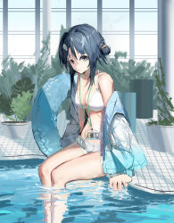 Rule 34 | 1girl, 2k14 chudong, absurdres, arknights, bare shoulders, bikini, black hair, blue eyes, blue jacket, breasts, cleavage, closed mouth, collarbone, feather hair, frilled bikini, frills, hair bun, highres, id card, innertube, jacket, la pluma (arknights), la pluma (summer flowers) (arknights), long sleeves, looking at viewer, medium breasts, off shoulder, official alternate costume, open clothes, open jacket, plant, pool, poolside, potted plant, short hair, single hair bun, single side bun, sitting, smile, soaking feet, solo, swim ring, swimsuit, water, white bikini, wing hair ornament