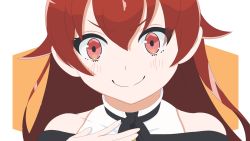 Rule 34 | 1girl, bare shoulders, black bitou, closed mouth, commentary request, eris greyrat, hair between eyes, hand on own chest, highres, light blush, long hair, looking at viewer, mushoku tensei, orange background, portrait, red eyes, red hair, smile, solo, two-tone background, upper body, v-shaped eyebrows, white background