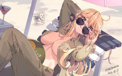 Rule 34 | 1girl, adjusting eyewear, aviator sunglasses, blonde hair, blue eyes, breasts, cleavage, commentary request, dog, highres, himeyamato, iowa (kancolle), jacket, kantai collection, large breasts, long hair, looking over eyewear, lying, no bra, on back, pants, puppy, revision, solo, star-shaped pupils, star (symbol), sunglasses, symbol-shaped pupils, victory (dog)