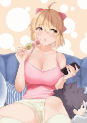 Rule 34 | 1girl, ahoge, alternate costume, bare shoulders, blonde hair, blush, bow, breasts, camisole, cellphone, cleavage, collarbone, contemporary, couch, dango, fate/grand order, fate (series), food, fujimaru ritsuka (male), hair bow, highres, koha-ace, large breasts, looking to the side, murio, okita souji (fate), okita souji (koha-ace), open mouth, phone, pink camisole, short hair, shorts, sitting, stuffed toy, thighs, wagashi, white shorts, yellow eyes