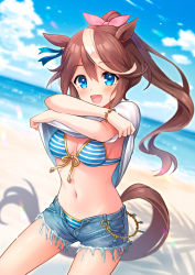 Rule 34 | 1girl, :d, animal ears, beach, bikini, blue bikini, blue eyes, blue sky, blurry, blurry background, blush, bow, bracelet, breasts, brown hair, cleavage, cloud, commentary request, cowboy shot, cutoffs, day, denim, denim shorts, dutch angle, ear ribbon, front-tie bikini top, front-tie top, groin, hair between eyes, hair bow, hair flaps, high ponytail, highres, horse ears, horse girl, horse tail, iro 178, jewelry, lens flare, long hair, looking at viewer, medium breasts, midriff, multicolored hair, navel, ocean, open fly, open mouth, outdoors, pink bow, ponytail, shadow, shirt, short shorts, short sleeves, shorts, sidelocks, sky, small breasts, smile, solo, standing, streaked hair, striped bikini, striped clothes, swept bangs, swimsuit, tail, tokai teio (umamusume), twitter username, two-tone hair, umamusume, undressing, white hair