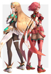 Rule 34 | 2girls, ahoge, ass, bare shoulders, blonde hair, blush, bob cut, bodysuit, breasts, butt crack, chest jewel, circlet, duplicate, fingerless gloves, from behind, gloves, gonzarez, highres, large breasts, long hair, looking at viewer, looking back, multiple girls, mythra (massive melee) (xenoblade), mythra (xenoblade), nintendo, open mouth, panties, pantyhose, pantyhose under shorts, pantyshot, pyra (xenoblade), red eyes, red hair, red shorts, scarf, shiny skin, short hair, short shorts, shorts, sideboob, skirt, super smash bros., swept bangs, thigh strap, thighhighs, underwear, very long hair, xenoblade chronicles (series), xenoblade chronicles 2