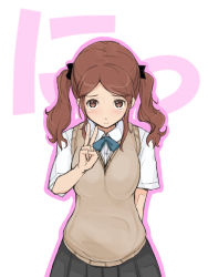 Rule 34 | 1girl, amagami, blush, breasts, brown eyes, brown hair, looking at viewer, megane chuu, nakata sae, school uniform, short hair, simple background, smile, solo, sweater vest, v, white background