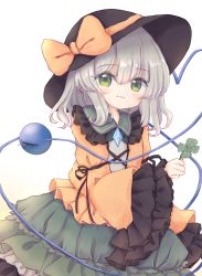 Rule 34 | 1girl, black hat, blouse, blush, bow, clover, four-leaf clover, frilled shirt collar, frilled sleeves, frills, green eyes, green skirt, hat, hat bow, heart, heart of string, highres, holding, holding plant, komeiji koishi, long sleeves, looking at viewer, plant, ribbon, shirt, sitting, skirt, solo, third eye, touhou, white background, wide sleeves, yellow bow, yellow shirt, yuzu shino (bon2rose)