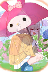 Rule 34 | 1girl, :d, absurdres, ahoge, backpack, bag, blush, boots, dress, flower, from side, grey hair, highres, holding, holding umbrella, hydrangea, long sleeves, looking at viewer, looking to the side, makaino ririmu, my melody, nijisanji, onegai my melody, open mouth, pink eyes, raincoat, randoseru, rubber boots, sanrio, smile, solo, squatting, twintails, umbrella, utsusumi kio, virtual youtuber, white dress, wide sleeves