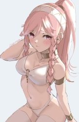 Rule 34 | 1girl, adapted costume, armlet, bikini, blush, bracelet, braid, breasts, choker, cleavage, collarbone, fire emblem, fire emblem awakening, hairband, hand in own hair, jewelry, long hair, looking at viewer, medium breasts, navel, nintendo, o-ring, o-ring bikini, olivia (fire emblem), pink eyes, pink hair, ponytail, side braids, simple background, skeptycally, sketch, solo, swimsuit, thighhighs, twin braids, twitter username, white background, white bikini, white thighhighs
