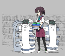 Rule 34 | 1girl, adapted costume, bellabot, black hair, black pantyhose, book, book stack, bookshelf, closed mouth, collared shirt, commentary request, dated, dress, dress shirt, full body, glasses, halter dress, halterneck, id card, kantai collection, okinami (kancolle), pantyhose, purple dress, robot, shikishima fugen, shirt, short hair, short sleeves, solo, standing, twitter username, watermark, white shirt