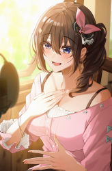 Rule 34 | 1girl, absurdres, amyu (amm asl pa), blue eyes, blurry, blurry background, breasts, brown hair, chair, commentary request, depth of field, hair between eyes, hair ornament, hand on own chest, highres, hololive, indoors, long hair, lower teeth only, medium breasts, microphone, nail polish, open mouth, pink shirt, shirt, sidelocks, sitting, smile, solo, teeth, tokino sora, tokino sora (casual), upper body, upper teeth only, virtual youtuber, window