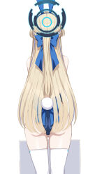 Rule 34 | 1girl, animal ears, ass, bare shoulders, blonde hair, blue archive, blue leotard, bow, cowboy shot, facing away, fake animal ears, fake tail, from behind, hair bow, hair ribbon, halo, highres, kumadano, leotard, long hair, official alternate costume, playboy bunny, rabbit ears, rabbit tail, ribbon, solo, standing, tail, thighhighs, toki (blue archive), toki (bunny) (blue archive), very long hair, white background, white thighhighs