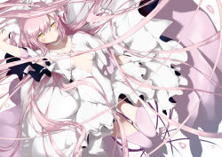 Rule 34 | 10s, 1girl, bow, breasts, center opening, dress, gloves, hair bow, hair ribbon, highres, kaname madoka, long hair, mahou shoujo madoka magica, mahou shoujo madoka magica (anime), multiple girls, pink hair, ribbon, simple background, small breasts, smile, solo, spoilers, tandemu, thighhighs, twintails, two side up, ultimate madoka, wings, yellow eyes