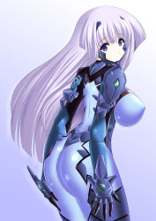Rule 34 | 1girl, absurdres, ass, blue eyes, bodysuit, breasts, covered erect nipples, highres, impossible clothes, inia sestina, large breasts, light purple hair, long hair, looking back, muv-luv, muv-luv alternative, muv-luv total eclipse, pilot suit, solo, yakkey