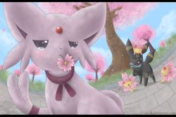 Rule 34 | ^ ^, aonik, blush, cherrim, cherrim (sunshine), cherry blossoms, closed eyes, cloud, collar, creatures (company), day, dutch angle, espeon, game freak, gen 2 pokemon, gen 4 pokemon, grass, happy, letterboxed, mouth hold, nintendo, no humans, on head, open mouth, petals, pokemon, pokemon (creature), pokemon on head, sky, smile, tears, tree, umbreon