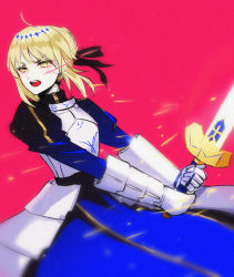 Rule 34 | 1girl, armor, armored dress, artoria pendragon (all), artoria pendragon (fate), blonde hair, braid, breastplate, cowboy shot, excalibur (fate/stay night), fate (series), french braid, from side, gauntlets, green eyes, hair ribbon, highres, juliet sleeves, long sleeves, meow (cindy738), open mouth, pink background, puffy sleeves, ribbon, saber (fate), solo, teeth, tongue, upper teeth only