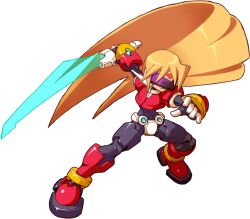 Rule 34 | 1boy, absurdres, archived source, armor, assault visor, black bodysuit, blonde hair, bodysuit, boots, crotch plate, energy sword, facial mark, forehead jewel, forehead mark, girouette (mega man), green eyes, highres, holding, holding sword, holding weapon, long hair, makoto yabe, mega man (series), mega man zx, model z (mega man), official art, power armor, red armor, red footwear, simple background, solo, sword, weapon, white background