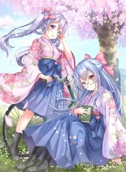 Rule 34 | 2girls, :d, aoba chise, aoba project, aoba rena, bicycle, black footwear, blue hair, blue hakama, blue sky, blush, book, boots, bow, cherry blossoms, commentary request, cross-laced footwear, day, floral print, flower, full body, glasses, grass, hair bow, hair flower, hair ornament, hakama, hakama short skirt, hakama skirt, half updo, hand in own hair, highres, holding, holding book, japanese clothes, kimono, knees up, lace-up boots, long hair, long sleeves, looking at viewer, meiji schoolgirl uniform, multiple girls, on grass, open mouth, outdoors, petals, pink bow, pink kimono, purple eyes, red eyes, round eyewear, sakura moyon, siblings, silver hair, sisters, sitting, skirt, sky, smile, spring (season), standing, tree, twintails, wide sleeves, wind