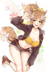 Rule 34 | 1girl, :d, animal ears, arm up, artist name, belt, belt buckle, blue shorts, blush, boots, borrowed character, bra, breasts, brown footwear, brown jacket, buckle, cleavage, collarbone, cutoffs, denim, denim shorts, floral background, flower, fox ears, fox tail, green eyes, hair flower, hair ornament, hand gesture, hand on thigh, highres, jacket, knee boots, leaning forward, leg up, light brown hair, long hair, long sleeves, medium breasts, no-shio, ok sign, open clothes, open jacket, open mouth, original, petals, polka dot, polka dot bra, polka dot legwear, ponytail, short shorts, shorts, signature, single thighhigh, smile, solo, standing, standing on one leg, strapless, strapless bra, tail, thighhighs, underwear, yellow bra