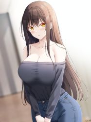 Rule 34 | 1girl, artist name, bare shoulders, black shirt, blush, breasts, brown hair, cleavage, collarbone, commentary, commission, cowboy shot, denim, highres, indoors, jeans, keenh, kotegawa yui, large breasts, long hair, long sleeves, looking at viewer, off-shoulder shirt, off shoulder, own hands together, pants, shirt, sidelocks, signature, solo, standing, to love-ru, v arms, very long hair, yellow eyes