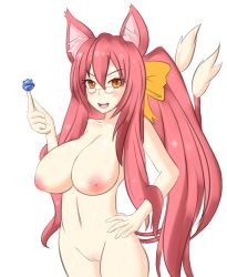 Rule 34 | 1girl, animal ears, blazblue, blush, breasts, candy, cat ears, cat tail, cleft of venus, food, glasses, hair ribbon, hand on own hip, highres, inverted nipples, jcdr, kokonoe (blazblue), large breasts, lollipop, long hair, multiple tails, navel, nipples, nude, orange eyes, pince-nez, pink hair, ponytail, pussy, ribbon, sidelocks, solo, tail, uncensored