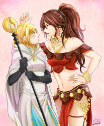Rule 34 | 2girls, artist name, bare shoulders, black gloves, blonde hair, blush, bracelet, brown hair, commentary, dancer, earrings, eye contact, face-to-face, gloves, gumbat, holding, holding staff, hoop earrings, jewelry, kabedon, lipstick, long hair, looking at another, makeup, midriff, mole, mole under mouth, multiple girls, navel, necklace, octopath traveler, octopath traveler i, ophilia (octopath traveler), ponytail, primrose azelhart, profile, red lips, revealing clothes, robe, signature, smile, staff, white robe, yuri