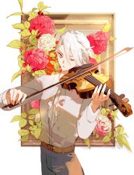 Rule 34 | 1boy, alternate costume, bishounen, blue eyes, commentary request, earrings, fate/apocrypha, fate/grand order, fate (series), flower, hair between eyes, highres, holding, instrument, jewelry, karna (fate), leaf, long hair, male focus, pale skin, sakuramochi1003, shirt, solo, violin, white hair, white shirt