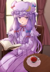 Rule 34 | 1girl, blue bow, blunt bangs, blurry, blurry background, book, bow, capelet, chair, crescent, cup, curtains, depth of field, dress, erisauria, hair bow, hair ornament, hat, highres, holding, indoors, long hair, long sleeves, looking at viewer, mob cap, open mouth, patchouli knowledge, purple dress, purple eyes, purple hair, purple hat, red bow, ribbon, sitting, solo, striped, tea, teacup, touhou, very long hair, window