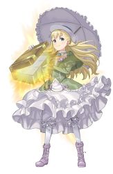 Rule 34 | 1girl, blonde hair, bloomers, blue eyes, braid, briefcase, chain, cuffs, dress, full body, gloves, green dress, handcuffs, hat, highres, long hair, looking at viewer, monica golding, official art, pantyhose, parasol, princess principal, princess principal game of mission, purple footwear, shoes, smile, solo, standing, transparent background, umbrella, underwear, white gloves, white hat, white pantyhose