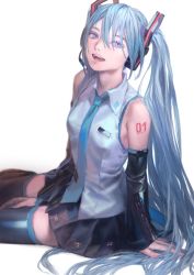 Rule 34 | 1girl, arm support, bare shoulders, blue eyes, blue hair, collared shirt, detached sleeves, fingernails, hair over one eye, hand on own thigh, hand rest, hatsune miku, headphones, headset, highres, long hair, looking at viewer, nail polish, necktie, open mouth, shirt, shoulder tattoo, simple background, sitting, skirt, sleeveless, sleeveless shirt, smile, solo, tattoo, teeth, thighhighs, tunapon01, twintails, twisted torso, very long hair, vocaloid, white background, wing collar, zettai ryouiki