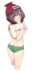 Rule 34 | 1girl, ass, back, beanie, blush, brown eyes, brown hair, butt crack, creatures (company), double v, from behind, game freak, green shorts, grin, hat, looking at viewer, looking back, nintendo, pokemon, pokemon sm, red hat, selene (pokemon), shirt, short hair, short shorts, shorts, smile, solo, swept bangs, teeth, ter (otokoter), tied shirt, v