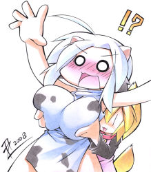 Rule 34 | !?, 2girls, animal ears, animal print, bad id, bad pixiv id, blonde hair, blush, grabbing another&#039;s breast, breasts, cow print, grabbing, groping, large breasts, multiple girls, o o, original, surprised, surprised arms, tail, uccow, white hair, | |
