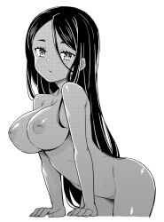 Rule 34 | 1girl, arm support, breasts, collarbone, completely nude, copyright request, dark-skinned female, dark skin, greyscale, hair between eyes, inverted nipples, jingai modoki, large breasts, long hair, looking at viewer, monochrome, navel, nipples, nude, parted lips, simple background, solo, webp-to-png conversion, white background