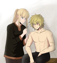 Rule 34 | 2boys, abs, androgynous, arafunetetsuji, black pants, black shirt, blonde hair, blue eyes, blush, brown eyes, bruise, canute, collarbone, eyebrows, eyelashes, hair between eyes, hand on own hip, hand on shoulder, highres, implied yaoi, indoors, injury, long hair, looking at another, looking down, male focus, messy hair, multiple boys, muscular, needle, pants, pectorals, ponytail, prince, scar, shadow, shirt, sidelocks, sitting, stitches, table, thorfinn, thread, topless male, viking, vinland saga, warrior