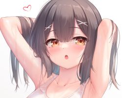 Rule 34 | 1girl, arata (xin), armpits, arms behind head, arms up, bare arms, blush, brown hair, fate/grand order, fate/kaleid liner prisma illya, fate (series), hair between eyes, hair ornament, hands in hair, heart, long hair, looking at viewer, miyu edelfelt, open mouth, simple background, solo, sweat, upper body, white background, x hair ornament, yellow eyes